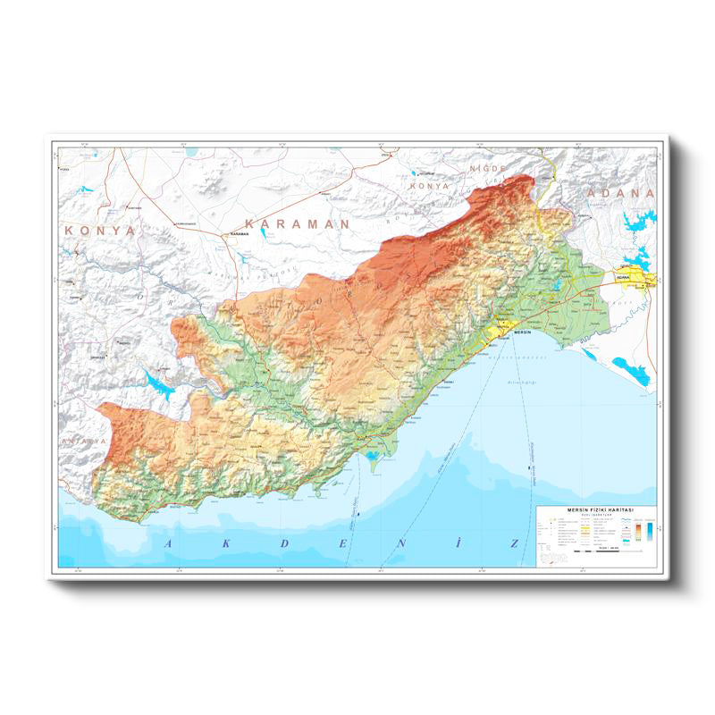 Yatay Kanvas Tablo Mersin Topografik Çizim Harita Tablosu Ev Ofis Duvar Dekoru