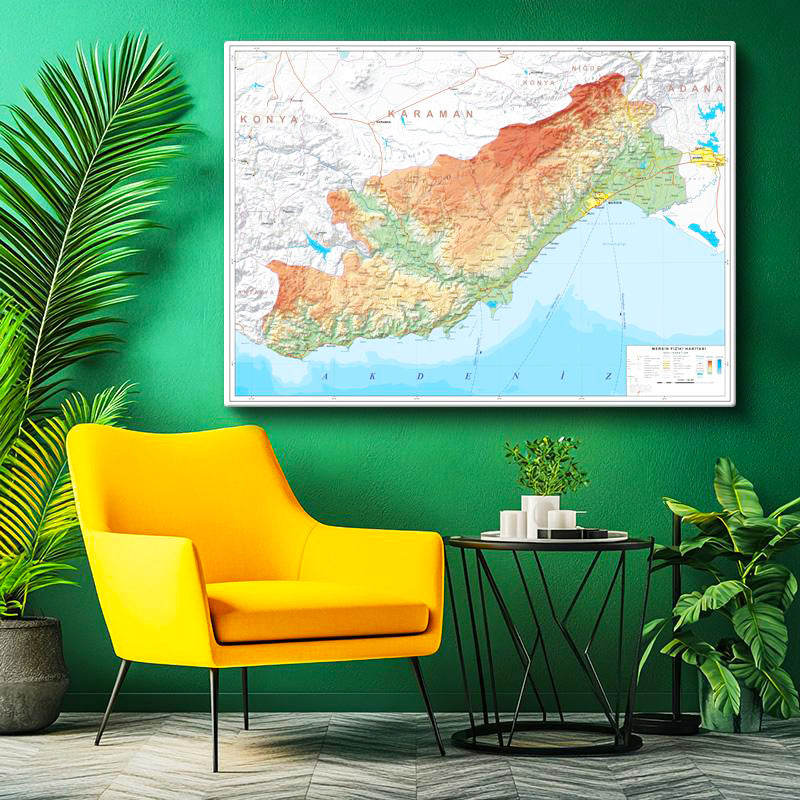Yatay Kanvas Tablo Mersin Topografik Çizim Harita Tablosu Ev Ofis Duvar Dekoru