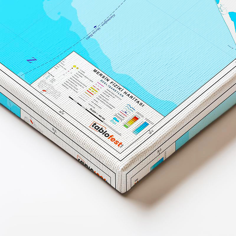 Yatay Kanvas Tablo Mersin Topografik Çizim Harita Tablosu Ev Ofis Duvar Dekoru