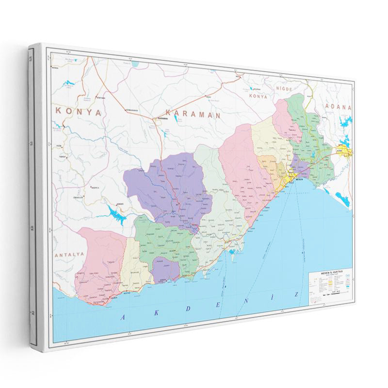 Yatay Kanvas Tablo Mersin Mülki İdare Harita Tablosu Ev Ofis Duvar Dekoru
