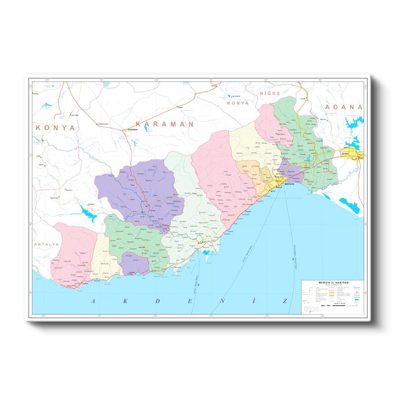 Yatay Kanvas Tablo Mersin Mülki İdare Harita Tablosu Ev Ofis Duvar Dekoru