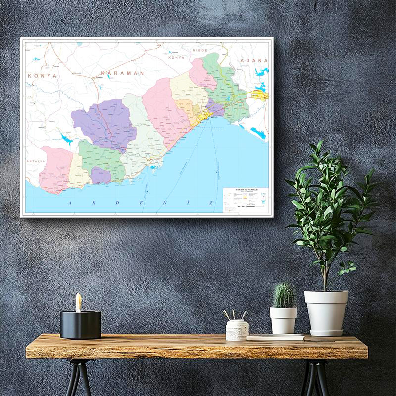 Yatay Kanvas Tablo Mersin Mülki İdare Harita Tablosu Ev Ofis Duvar Dekoru