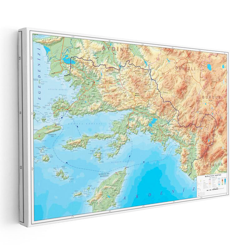 Yatay Kanvas Tablo Muğla Doğal Oluşum Harita Tablosu Ev Ofis Duvar Dekoru