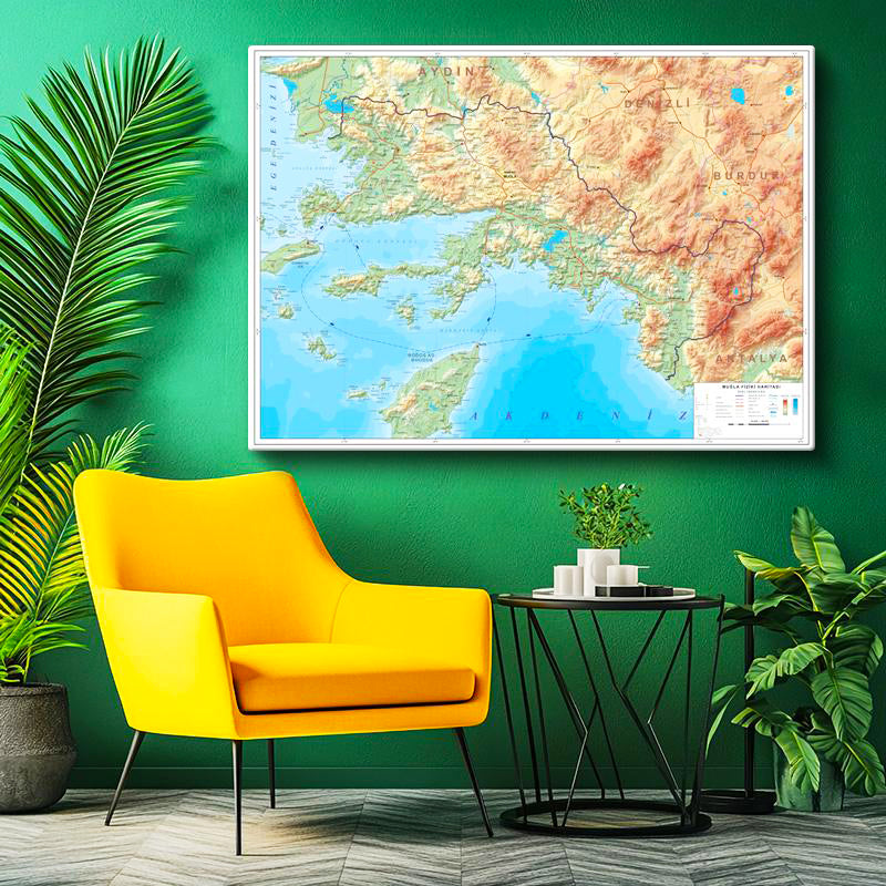 Yatay Kanvas Tablo Muğla Doğal Oluşum Harita Tablosu Ev Ofis Duvar Dekoru
