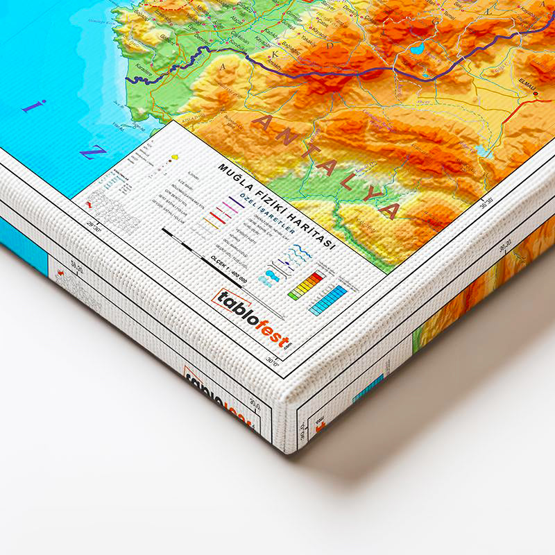 Yatay Kanvas Tablo Muğla Doğal Oluşum Harita Tablosu Ev Ofis Duvar Dekoru