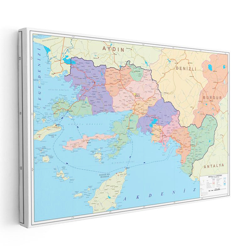 Yatay Kanvas Tablo Muğla İlçe Detaylı Harita Tablosu Ev Ofis Duvar Dekoru