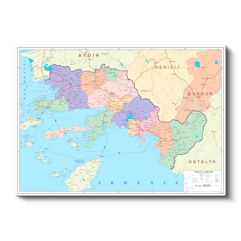 Yatay Kanvas Tablo Muğla İlçe Detaylı Harita Tablosu Ev Ofis Duvar Dekoru