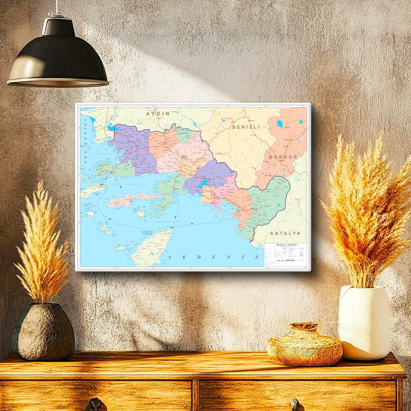 Yatay Kanvas Tablo Muğla İlçe Detaylı Harita Tablosu Ev Ofis Duvar Dekoru