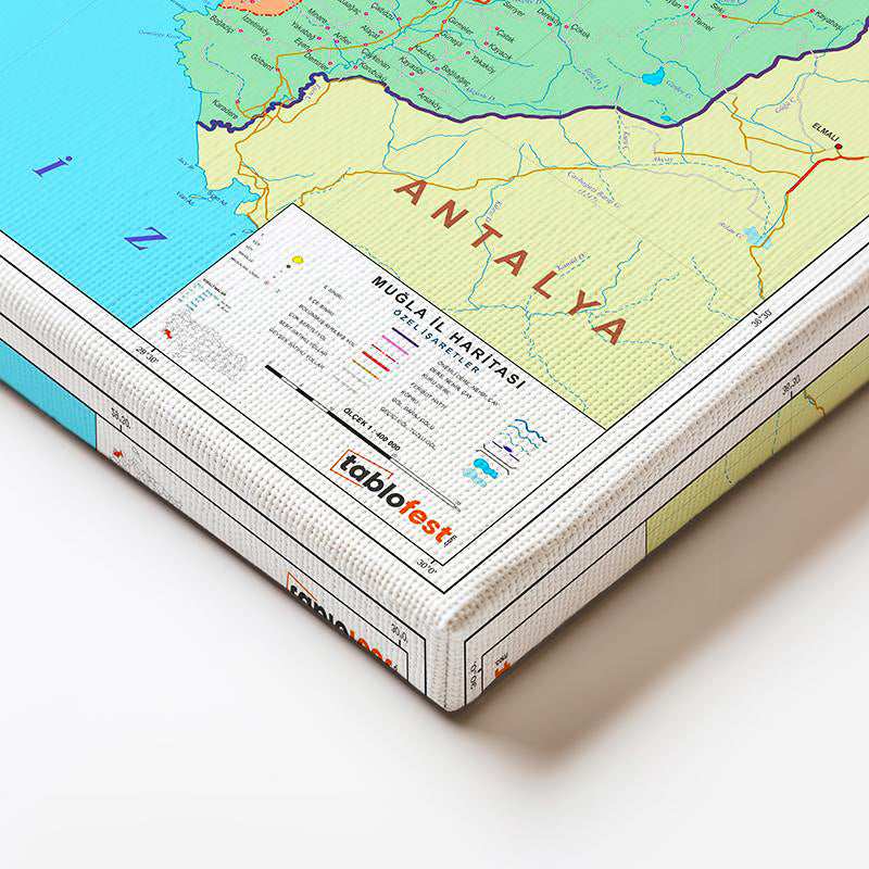 Yatay Kanvas Tablo Muğla İlçe Detaylı Harita Tablosu Ev Ofis Duvar Dekoru