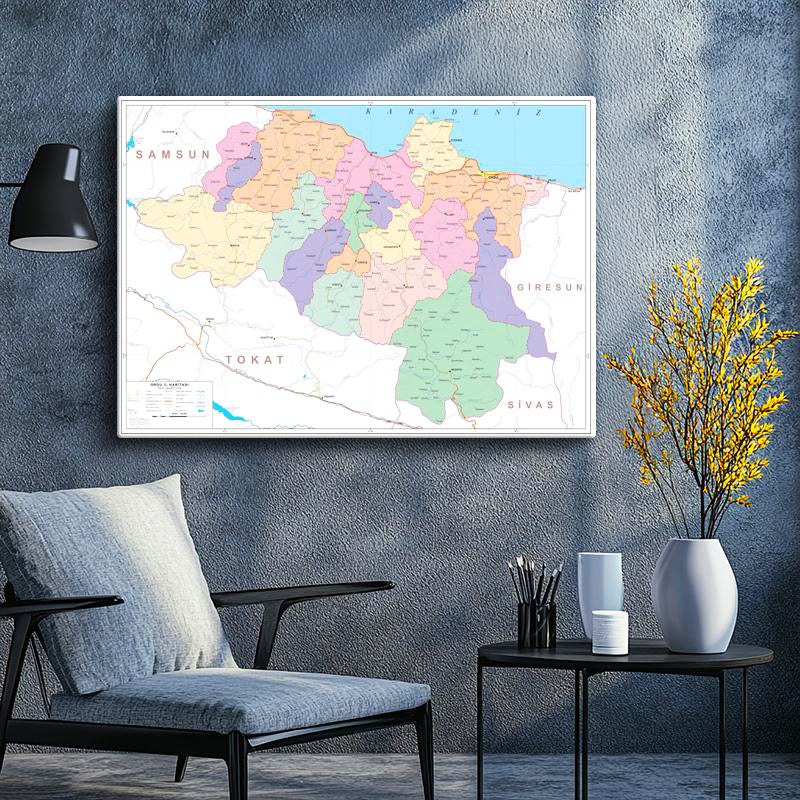 Yatay Kanvas Tablo Ordu Mülki İdare Harita Tablosu Ev Ofis Duvar Dekoru