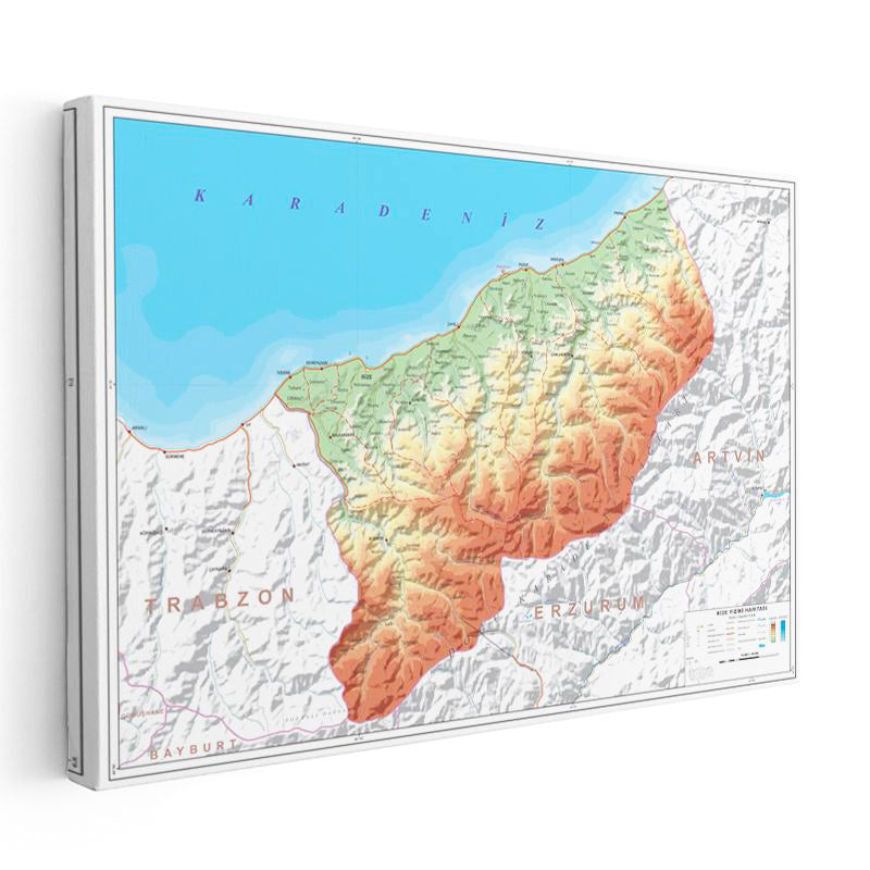 Yatay Kanvas Tablo Rize Topografik Çizim Harita Tablosu Ev Ofis Duvar Dekoru