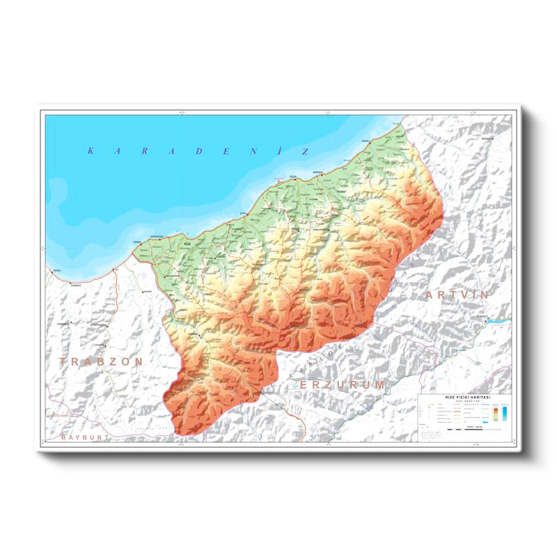 Yatay Kanvas Tablo Rize Topografik Çizim Harita Tablosu Ev Ofis Duvar Dekoru