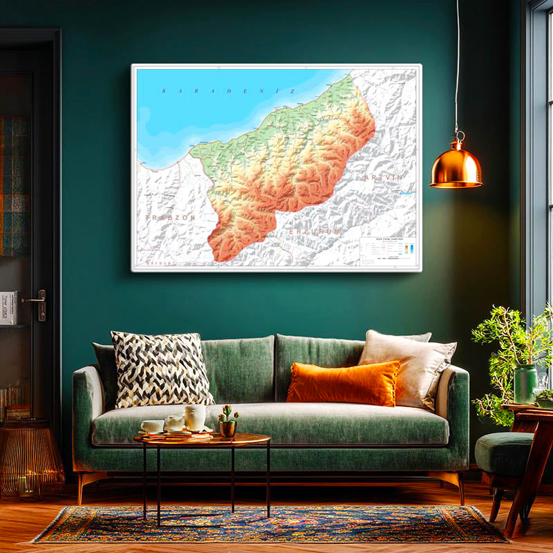 Yatay Kanvas Tablo Rize Topografik Çizim Harita Tablosu Ev Ofis Duvar Dekoru