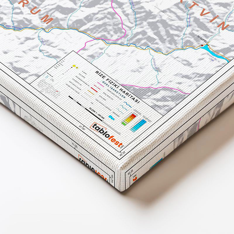 Yatay Kanvas Tablo Rize Topografik Çizim Harita Tablosu Ev Ofis Duvar Dekoru