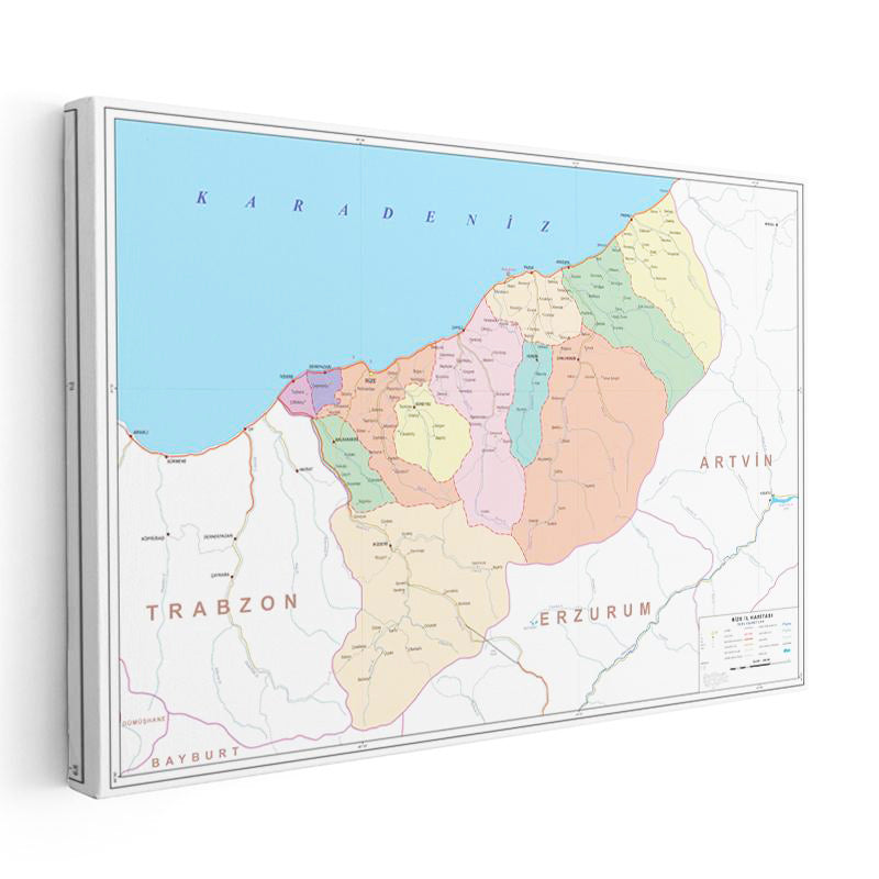 Yatay Kanvas Tablo Rize İdari Bölümler Harita Tablosu Ev Ofis Duvar Dekoru