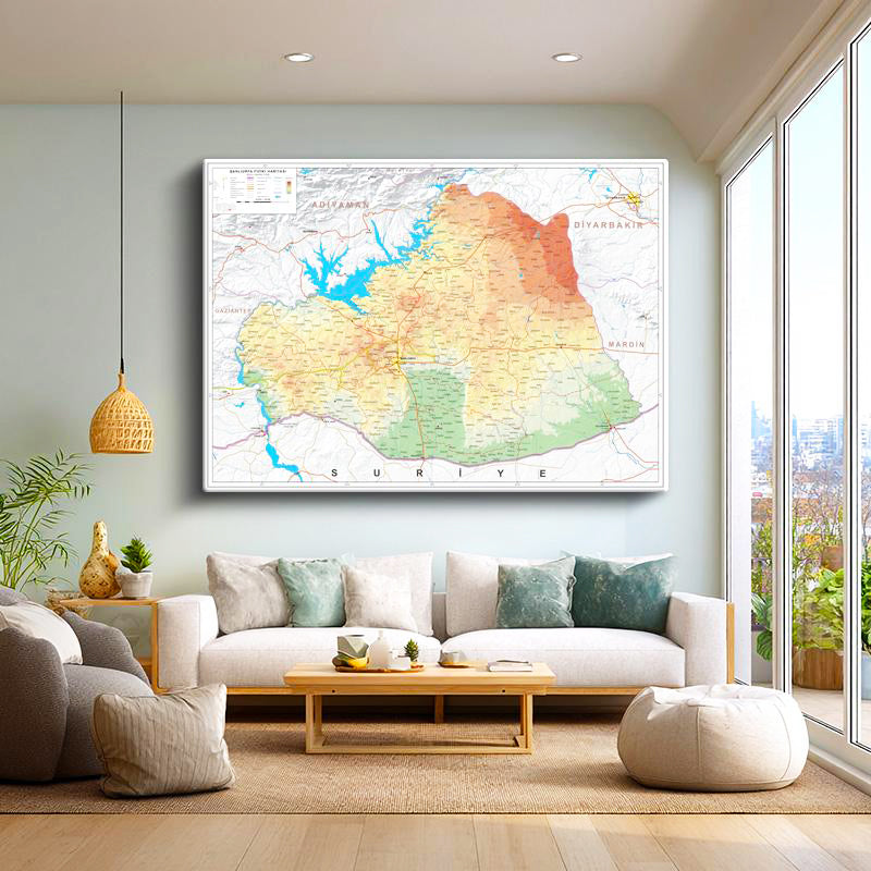 Yatay Kanvas Tablo Şanlıurfa Fiziki Yeryüzü Harita Tablosu Ev Ofis Duvar Dekoru