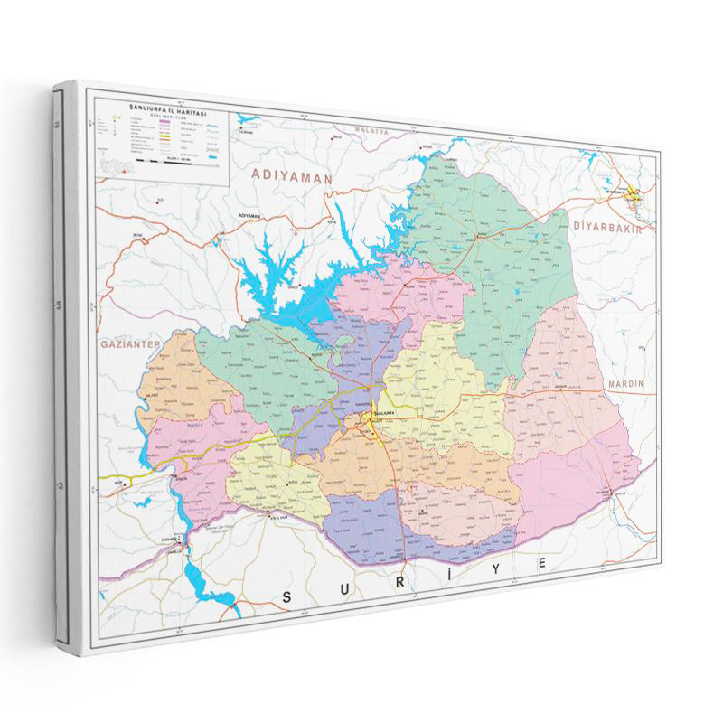 Yatay Kanvas Tablo Şanlıurfa İlçe Detaylı Harita Tablosu Ev Ofis Duvar Dekoru