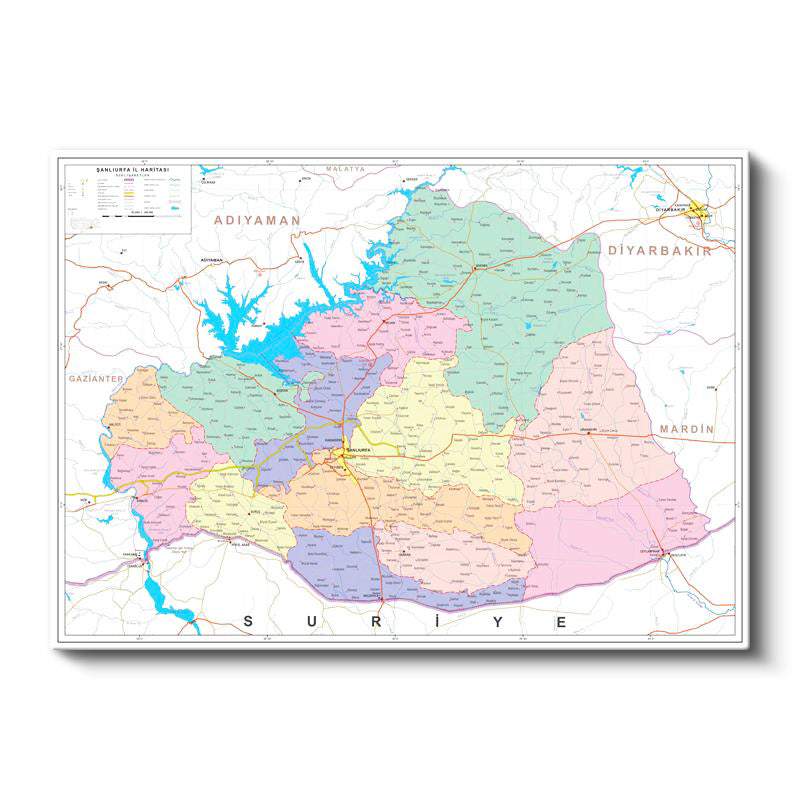 Yatay Kanvas Tablo Şanlıurfa İlçe Detaylı Harita Tablosu Ev Ofis Duvar Dekoru