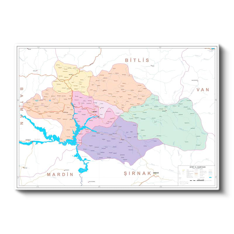 Yatay Kanvas Tablo Siirt İdari Bölümler Harita Tablosu Ev Ofis Duvar Dekoru