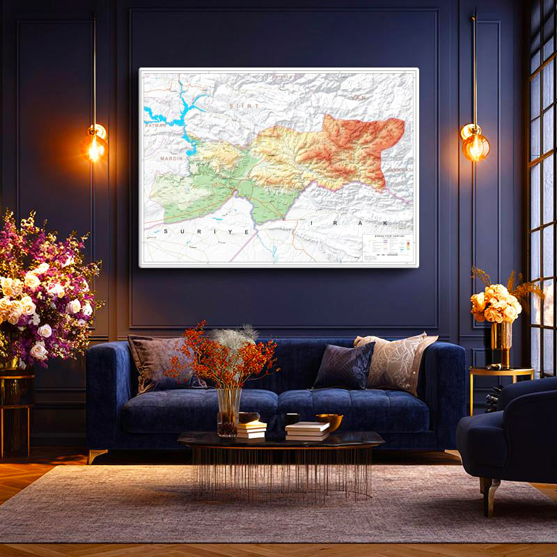 Yatay Kanvas Tablo Şırnak Topografik Çizim Harita Tablosu Ev Ofis Duvar Dekoru