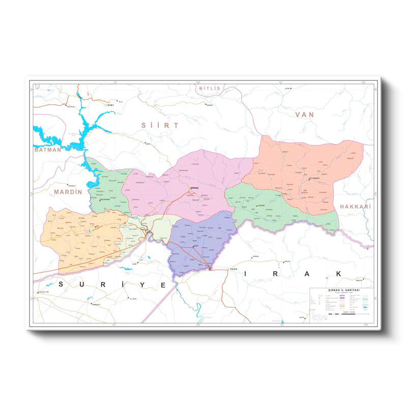 Yatay Kanvas Tablo Şırnak Mülki İdare Harita Tablosu Ev Ofis Duvar Dekoru
