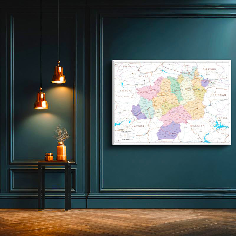 Yatay Kanvas Tablo Sivas Siyasi Sınır Harita Tablosu Ev Ofis Duvar Dekoru