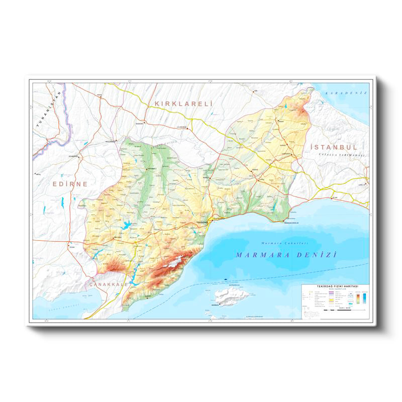 Yatay Kanvas Tablo Tekirdağ Doğal Yüzey Harita Tablosu Ev Ofis Duvar Dekoru