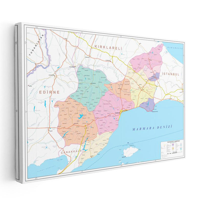 Yatay Kanvas Tablo Tekirdağ İlçe Sınırları Harita Tablosu Ev Ofis Duvar Dekoru