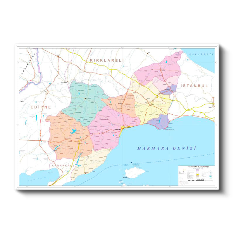 Yatay Kanvas Tablo Tekirdağ İlçe Sınırları Harita Tablosu Ev Ofis Duvar Dekoru