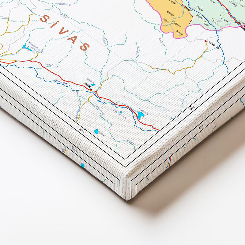 Yatay Kanvas Tablo Tokat İdari Bölümler Harita Tablosu Ev Ofis Duvar Dekoru