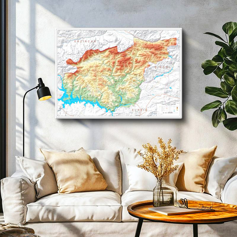 Yatay Kanvas Tablo Tunceli Topografik Çizim Harita Tablosu Ev Ofis Duvar Dekoru