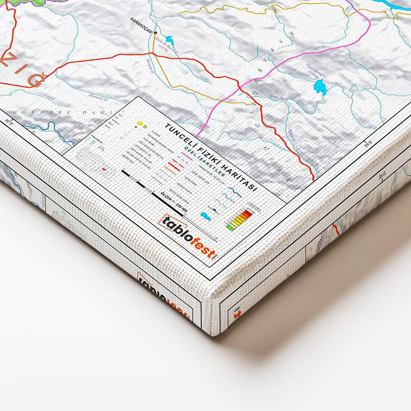 Yatay Kanvas Tablo Tunceli Topografik Çizim Harita Tablosu Ev Ofis Duvar Dekoru