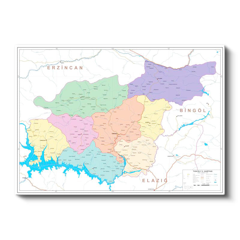 Yatay Kanvas Tablo Tunceli Mülki İdare Harita Tablosu Ev Ofis Duvar Dekoru