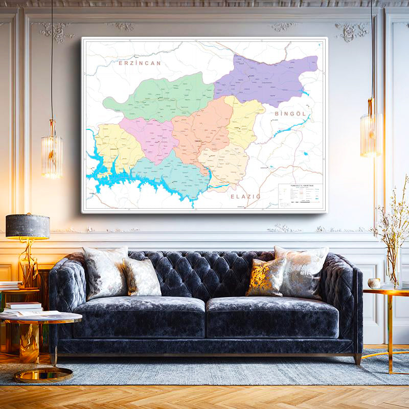 Yatay Kanvas Tablo Tunceli Mülki İdare Harita Tablosu Ev Ofis Duvar Dekoru
