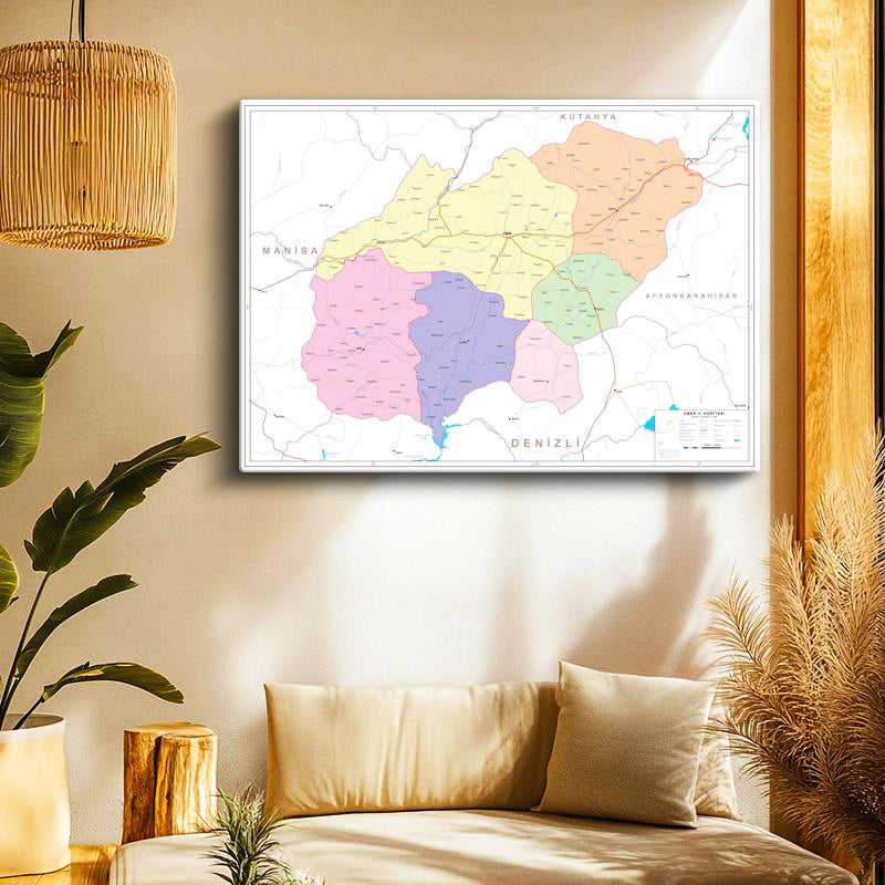 Yatay Kanvas Tablo Uşak İlçe Detaylı Harita Tablosu Ev Ofis Duvar Dekoru