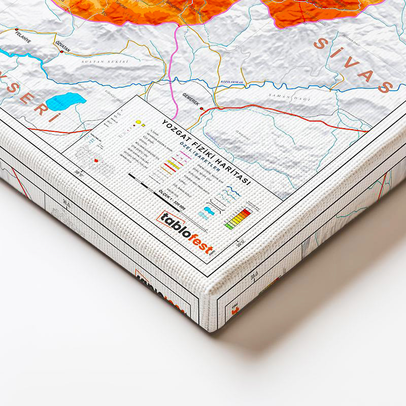 Yatay Kanvas Tablo Yozgat Yeryüzü Şekilleri Harita Tablosu Ev Ofis Duvar Dekoru