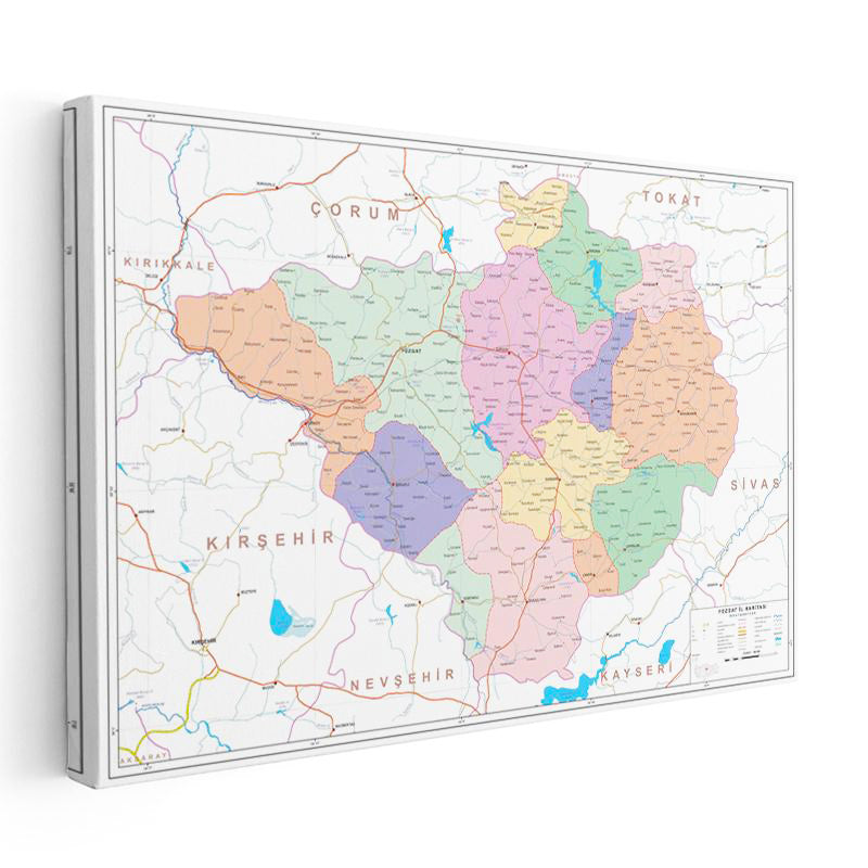 Yatay Kanvas Tablo Yozgat İdari Bölümler Harita Tablosu Ev Ofis Duvar Dekoru