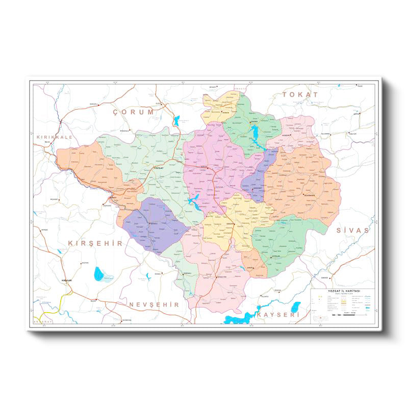 Yatay Kanvas Tablo Yozgat İdari Bölümler Harita Tablosu Ev Ofis Duvar Dekoru