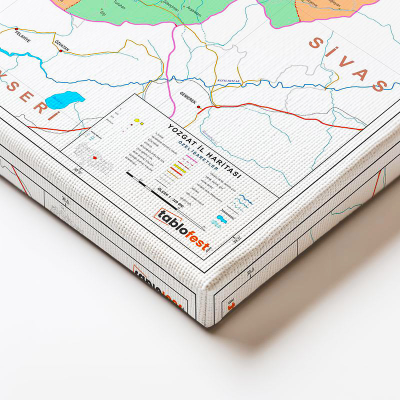 Yatay Kanvas Tablo Yozgat İdari Bölümler Harita Tablosu Ev Ofis Duvar Dekoru