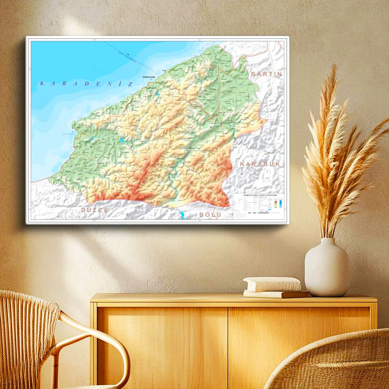 Yatay Kanvas Tablo Zonguldak Topografik Görünüm Harita Tablosu Ev Ofis Duvar Dekoru