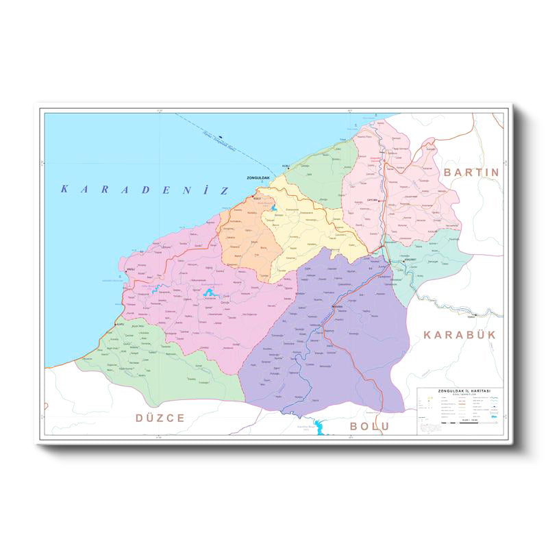 Yatay Kanvas Tablo Zonguldak İlçe Dağılımı Harita Tablosu Ev Ofis Duvar Dekoru