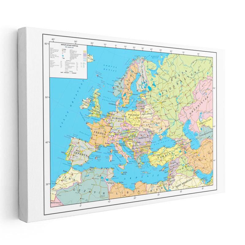 Yatay Kanvas Tablo Avrupa Devlet Sınırları Harita Tablosu Ev Ofis Duvar Dekoru