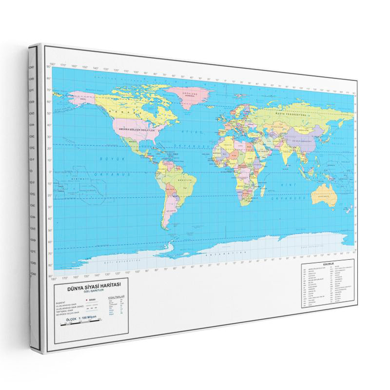 Yatay Kanvas Tablo Dünya Ülkeler Atlası Harita Tablosu Ev Ofis Duvar Dekoru