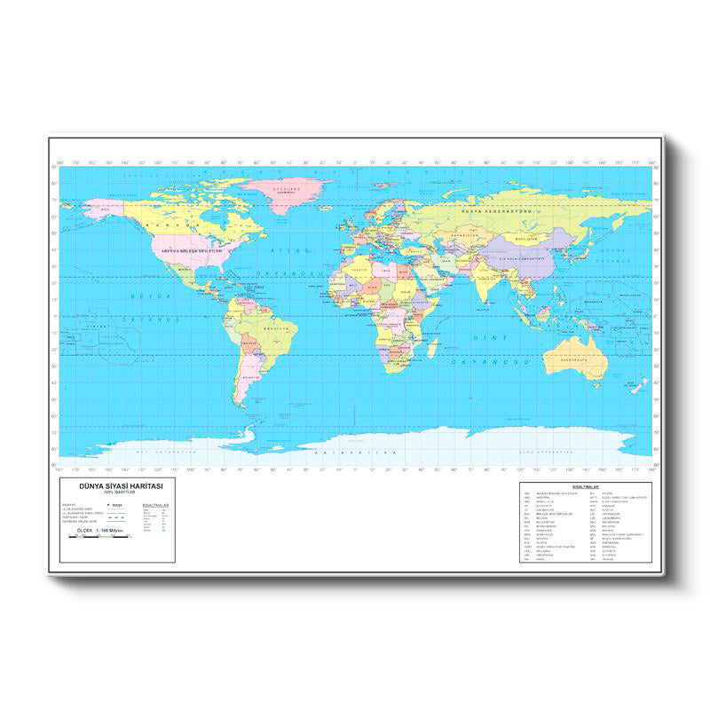 Yatay Kanvas Tablo Dünya Ülkeler Atlası Harita Tablosu Ev Ofis Duvar Dekoru