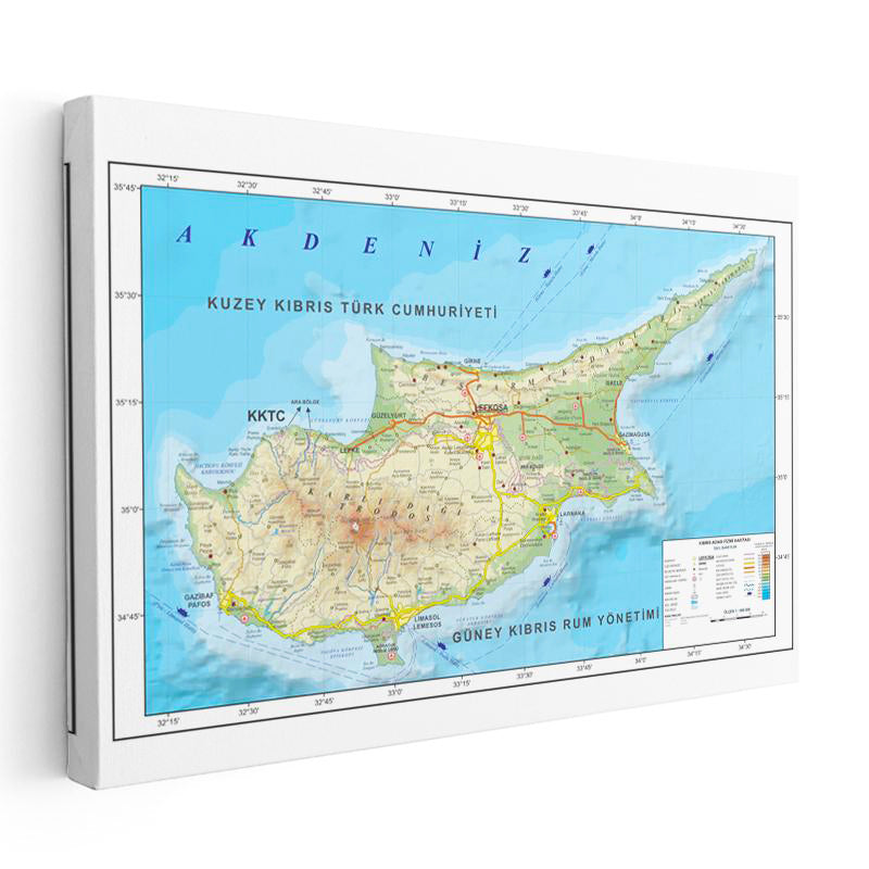 Yatay Kanvas Tablo Kıbrıs Adası Topografik Yapı Harita Tablosu Ev Ofis Duvar Dekoru
