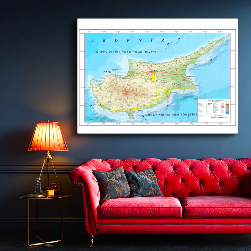 Yatay Kanvas Tablo Kıbrıs Adası Topografik Yapı Harita Tablosu Ev Ofis Duvar Dekoru