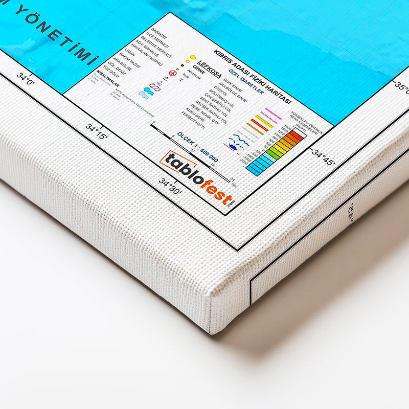 Yatay Kanvas Tablo Kıbrıs Adası Topografik Yapı Harita Tablosu Ev Ofis Duvar Dekoru