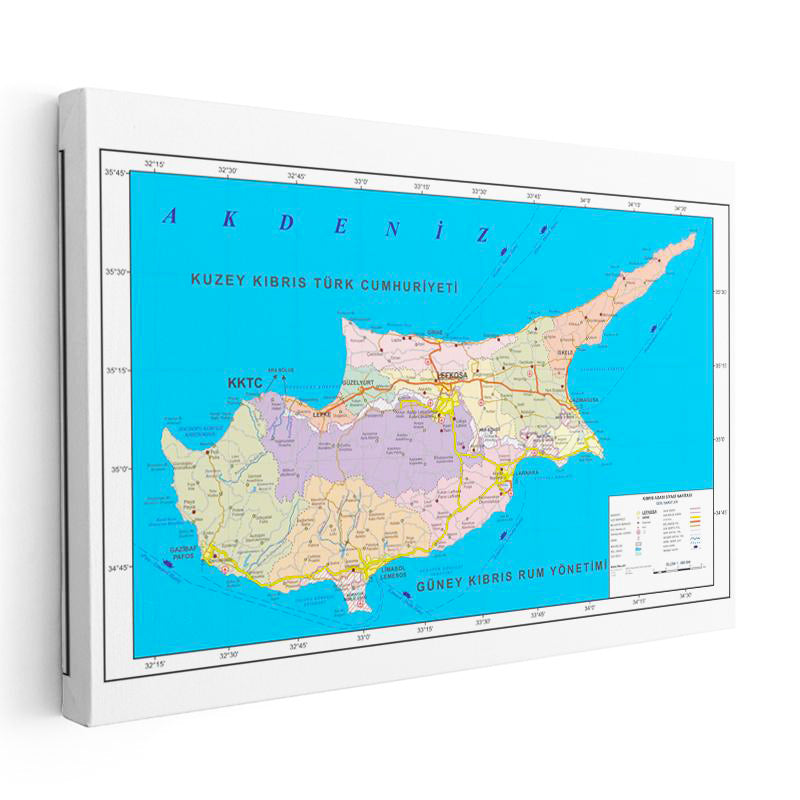 Yatay Kanvas Tablo Kıbrıs Bölgesel Yönetimler Harita Tablosu Ev Ofis Duvar Dekoru