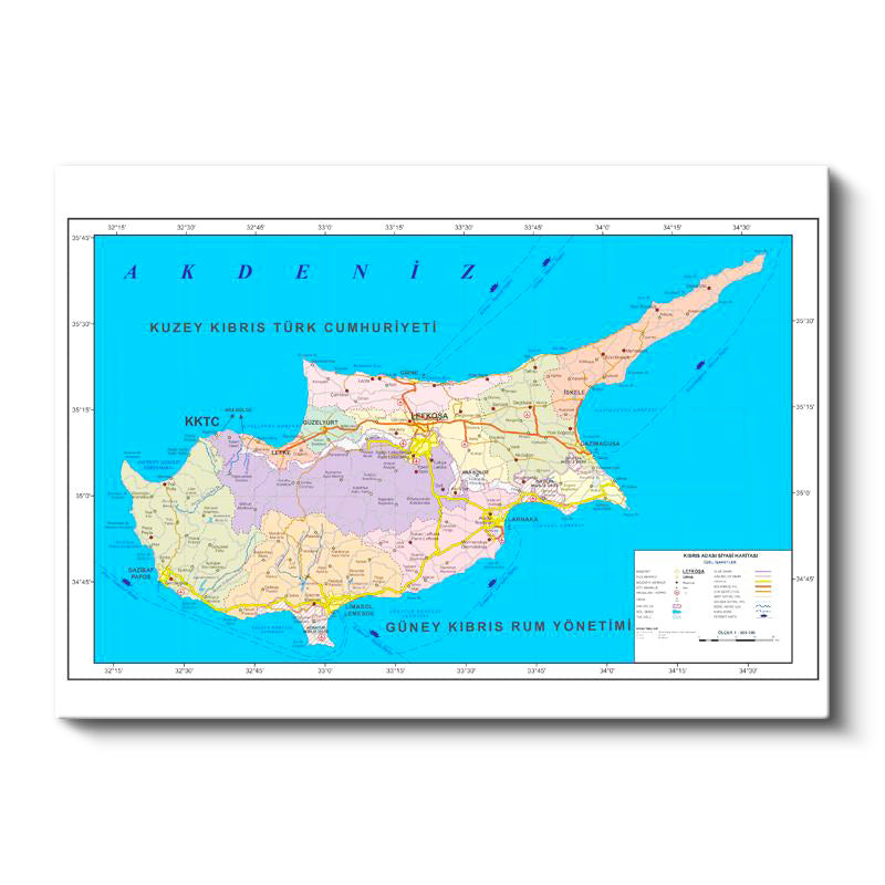 Yatay Kanvas Tablo Kıbrıs Bölgesel Yönetimler Harita Tablosu Ev Ofis Duvar Dekoru