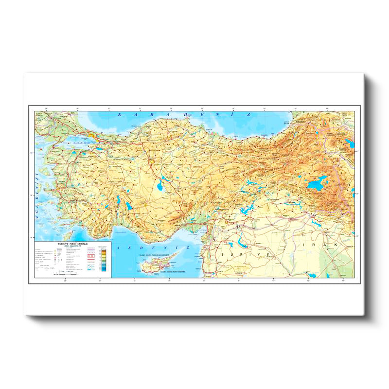 Yatay Kanvas Tablo Türkiye Dağ ve Ova Harita Tablosu Ev Ofis Duvar Dekoru